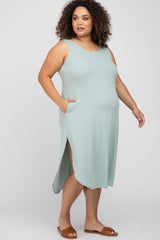 Mint Sleeveless Ribbed Curved Hem Plus Maternity Maxi Dress