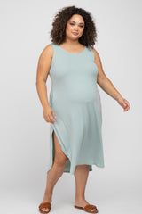 Mint Sleeveless Ribbed Curved Hem Plus Maternity Maxi Dress