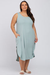 Mint Sleeveless Ribbed Curved Hem Plus Maxi Dress