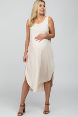 Beige Sleeveless Ribbed Curved Hem Maternity Maxi Dress