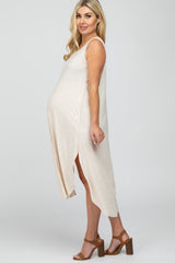 Beige Sleeveless Ribbed Curved Hem Maternity Maxi Dress