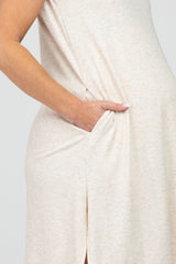 Beige Sleeveless Ribbed Curved Hem Maternity Maxi Dress