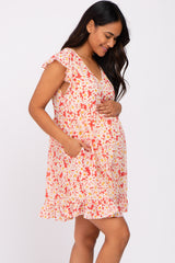 Red Floral Flutter Sleeve Maternity Dress