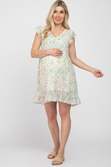 Green Floral Flutter Sleeve Maternity Dress