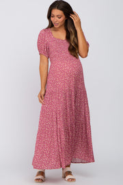 Mauve Floral Smocked Tiered Maternity Maxi Dress