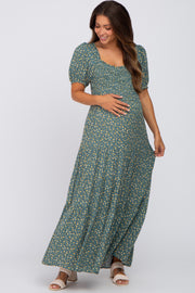 Green Floral Smocked Tiered Maternity Maxi Dress