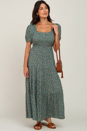 Green Floral Smocked Tiered Maxi Dress