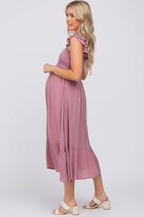 Mauve Smocked Ruffle Accent Sleeveless Maternity Midi Dress