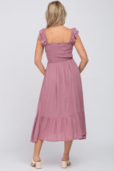 Mauve Smocked Ruffle Accent Sleeveless Maternity Midi Dress