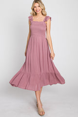 Mauve Smocked Ruffle Accent Sleeveless Midi Dress