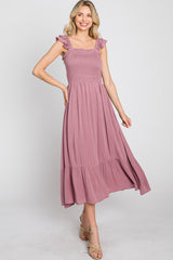 Mauve Smocked Ruffle Accent Sleeveless Midi Dress