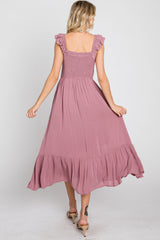 Mauve Smocked Ruffle Accent Sleeveless Midi Dress