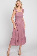 Mauve Smocked Ruffle Accent Sleeveless Midi Dress