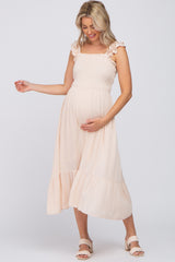 Beige Smocked Ruffle Accent Sleeveless Maternity Midi Dress