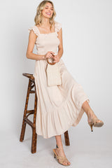 Beige Smocked Ruffle Accent Sleeveless Midi Dress