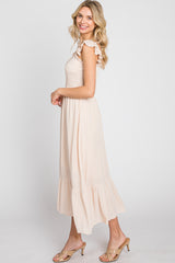 Beige Smocked Ruffle Accent Sleeveless Midi Dress