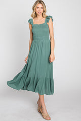 Green Smocked Ruffle Accent Sleeveless Midi Dress