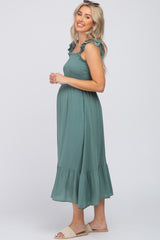 Green Smocked Ruffle Accent Sleeveless Maternity Midi Dress