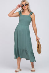 Green Smocked Ruffle Accent Sleeveless Maternity Midi Dress