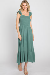 Green Smocked Ruffle Accent Sleeveless Midi Dress