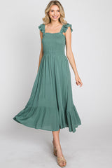 Green Smocked Ruffle Accent Sleeveless Midi Dress