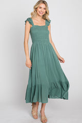 Green Smocked Ruffle Accent Sleeveless Midi Dress