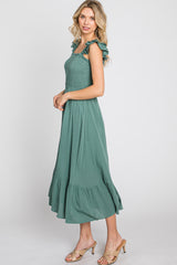 Green Smocked Ruffle Accent Sleeveless Midi Dress