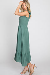 Green Smocked Ruffle Accent Sleeveless Midi Dress