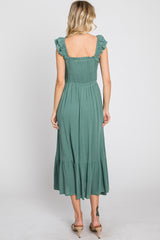 Green Smocked Ruffle Accent Sleeveless Midi Dress