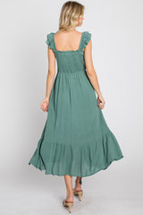 Green Smocked Ruffle Accent Sleeveless Midi Dress