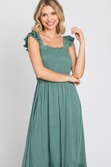 Green Smocked Ruffle Accent Sleeveless Midi Dress