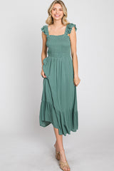 Green Smocked Ruffle Accent Sleeveless Midi Dress