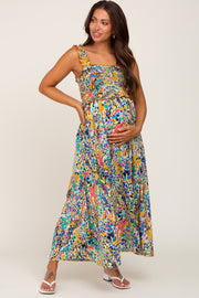 Yellow Printed Smocked Maternity Maxi Dress