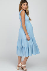 Light Blue Sleeveless Smocked Waist Maternity Midi Dress