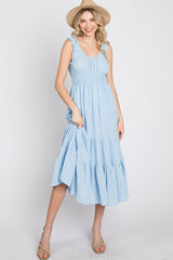 Light Blue Sleeveless Smocked Waist Maternity Midi Dress