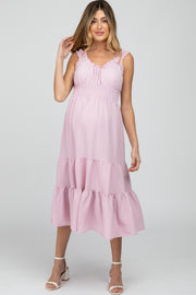 Light Pink Sleeveless Smocked Waist Maternity Midi Dress