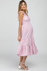 Light Pink Sleeveless Smocked Waist Maternity Midi Dress