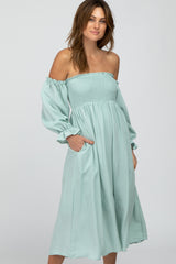 Mint Green Square Neck Puff Ruffle Sleeve Midi Dress