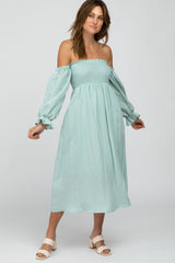 Mint Green Square Neck Puff Ruffle Sleeve Midi Dress