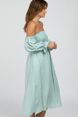 Mint Green Square Neck Puff Ruffle Sleeve Midi Dress