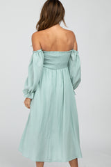 Mint Green Square Neck Puff Ruffle Sleeve Midi Dress