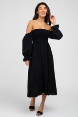 Black Square Neck Puff Ruffle Sleeve Midi Dress