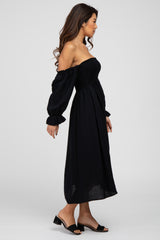 Black Square Neck Puff Ruffle Sleeve Midi Dress