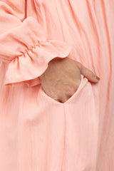 Peach Square Neck Puff Ruffle Sleeve Midi Dress