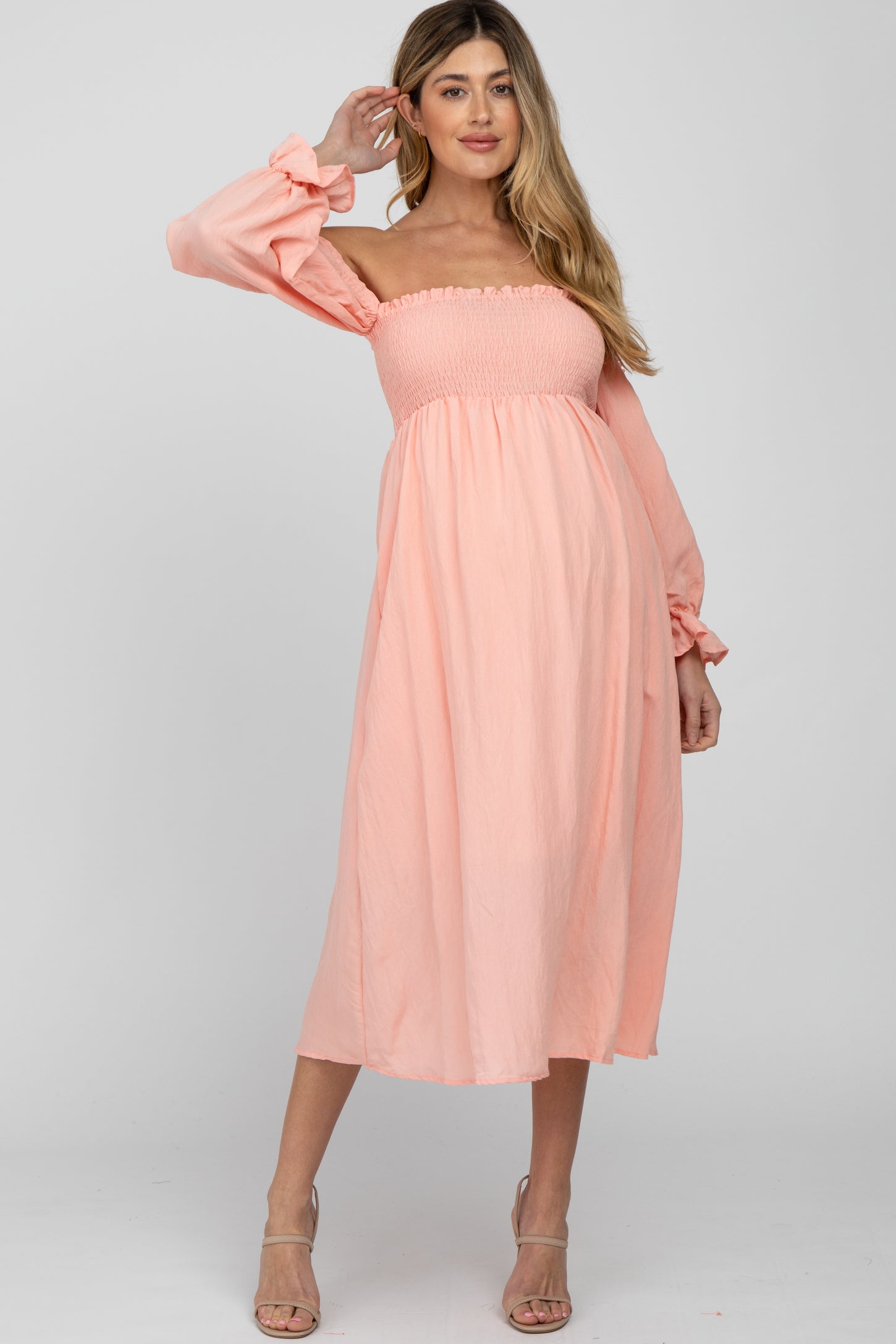 Peach Square Neck Puff Ruffle Sleeve Maternity Midi Dress– PinkBlush