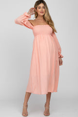 Peach Square Neck Puff Ruffle Sleeve Maternity Midi Dress