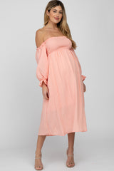 Peach Square Neck Puff Ruffle Sleeve Maternity Midi Dress