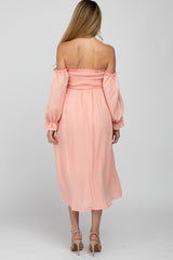 Peach Square Neck Puff Ruffle Sleeve Maternity Midi Dress