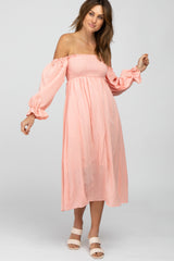 Peach Square Neck Puff Ruffle Sleeve Midi Dress