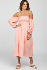 Peach Square Neck Puff Ruffle Sleeve Midi Dress